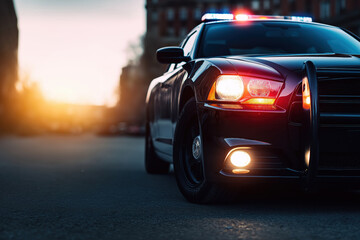 Fototapeta premium Police vehicle parked on urban street during sunset with flashing lights activated