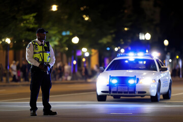 Officer on duty directing traffic during a nighttime event in the city