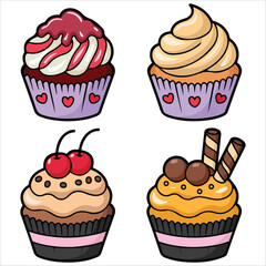 Four decorated cupcakes collection isolated vector illustration white background