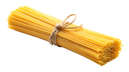 Bundle of uncooked spaghetti pasta tied with twine on a black background food isolated on a transparent background