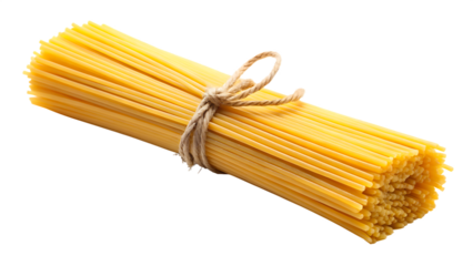 Bundle of uncooked spaghetti pasta tied with twine on a black background food isolated on a transparent background