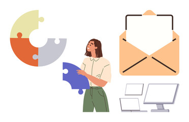 Woman holding puzzle piece, circular puzzle, envelope with paper, computer monitors. Ideal for collaboration, problem-solving, communication, teamwork strategy planning workflow. Simple flat