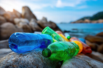 Colorful plastic bottles scattered on rocky beach near ocean at sunset
