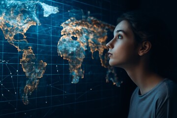 Woman analyzing a futuristic holographic world map. Concept of global business strategy, data visualization, and international networks