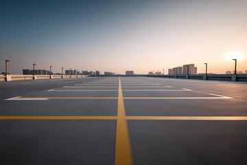 Empty rooftop parking lot at sunset over a city skyline with clear skies