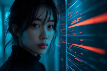 Portrait of an Asian programmer or data scientist standing by a futuristic server screen with glowing blue and red data streams. Cybersecurity and big data concept.