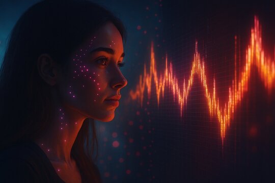 Futuristic portrait of a woman analyzing a glowing digital waveform, representing voice recognition technology, AI data analysis, or stock market trends - Powered by Adobe