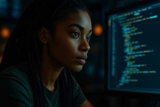 Focused African American female software developer coding on a computer in a dark office. Concept of programming, IT, and tech industry diversity.