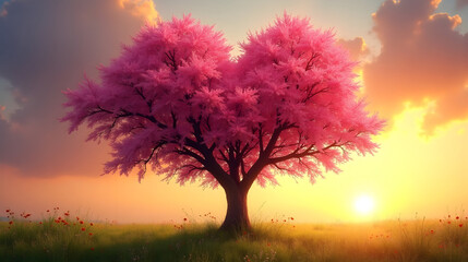 Obraz premium Herzförmiger rosa Baum im Sonnenuntergang - Wallpaper Design - Harmonisches Hintergrundbild