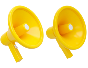 Two bright yellow megaphones rendered realistically, symbolizing announcement or promotion
