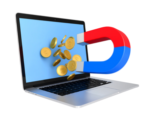 Laptop attracts coins with a magnet, showcasing online earnings and financial growth concept
