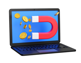 Laptop with magnet attracting gold coins on screen, representing online finance