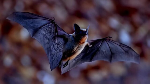 A small bat in flight against a blurred, warm-toned background