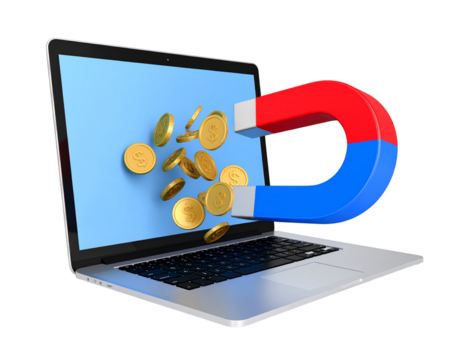 Laptop attracts coins with a magnet, showcasing online earnings and financial growth concept