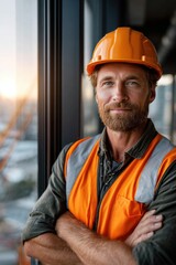Smiling construction worker in hard hat and safety vest, leaning against a modern building at sunset, representing job satisfaction and success.