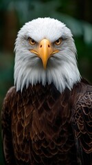Obraz premium Close-up portrait of a bald eagle with intense gaze, detailed feathers, and blurred natural habitat background, symbolizing power and grace. Ideal for wildlife and conservation themes.