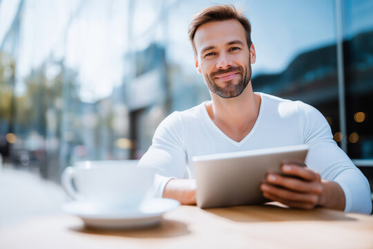 Young man enjoying coffee while using tablet at outdoor cafe in sunny weather