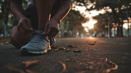 Runner tying shoelaces on a scenic road at sunset, preparing for an invigorating evening jog or workout in a tranquil outdoor setting surrounded by autumn leaves