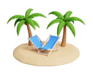 Tropical island escape with palm trees and deckchairs. Ideal for vacation or travel promotion