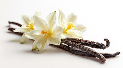 Elegant Vanilla Flowers and Pod on a White Background