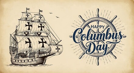 Vintage illustration of a caravel ship and columbus day nautical wheel