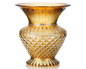 Detailed Gold Crystal Vase with Diamond Cut Pattern and Gemstone Band on Black Background glass ornate isolated on a transparent background