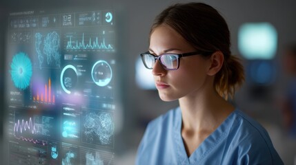 Medium view of a scrub nurse examining graphical representations of AI bias in patient data dashboard interface bright against a softly blurred clinical setting.