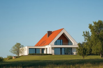Obraz premium A contemporary home featuring a vibrant orange roof can be found perched atop a lush green hillside, all beneath a bright and clear blue sky
