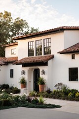 Fototapeta premium Modern architecture blends with nature in a serene home setting at golden hour, showcasing elegance and tranquility in residential design