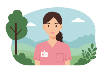 Vector illustration of a female healthcare professional or nurse in pink scrubs standing in a serene park with trees and hills background.