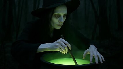 Eerie Witch in Black Hat Stirring Glowing Green Potion in a Dark Cauldron, Conjuring Ancient Magic in a Mystical Setting - Powered by Adobe