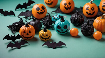 Halloween flat lay with pumpkins, bats and candies on light green background