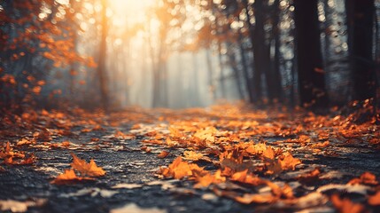 Autumn leaves cover a pathway through a misty forest.