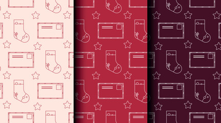 Set of Christmas vector seamless pattern. Merry Christmas and Happy New Year. Christmas symbols background. Vector red seamless illustration