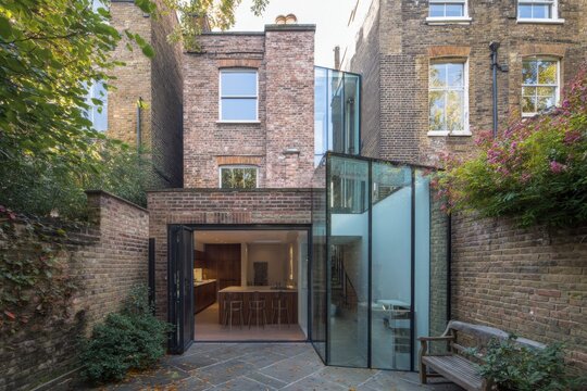 Modern architectural design of a glass extension blending seamlessly with a historic brick house in an urban garden setting during daylight hours