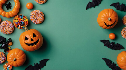 Halloween flat lay with pumpkins, bats and candies on light green background