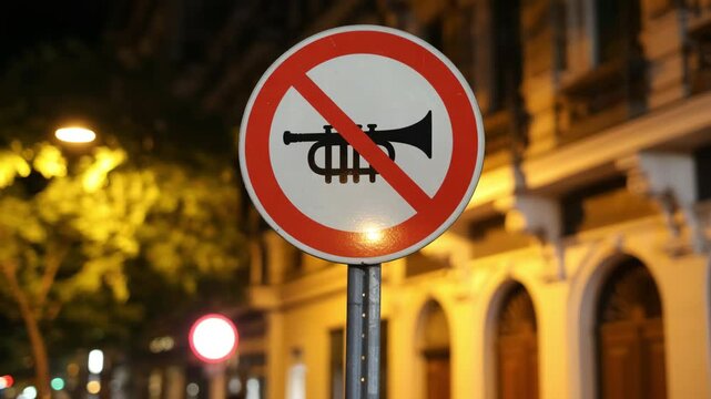 Urban nighttime scene features a prominent "no honking" traffic sign with a blurred cityscape and warm streetlights creating a tranquil atmosphere.
