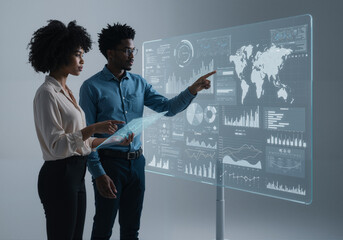 Diverse professionals collaboratively analyzing complex global data on a cutting-edge holographic display, embodying the future of technological innovation and strategic business intelligence.