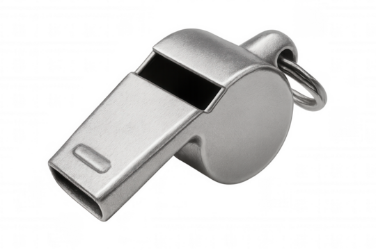 Chrome whistle with lanyard ring gleaming on transparent surface, showcasing sleek metallic design and reflective finish