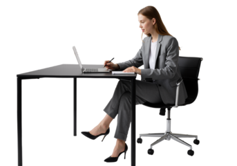 Stylish Business Woman Working at Desk with Laptop, Capturing Business Insights