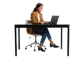 Smiling professional woman confidently working on her laptop at a modern desk, embodying productivity and digital engagement in a bright, clean studio environment.