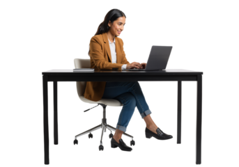 Smiling professional woman confidently working on her laptop at a modern desk, embodying productivity and digital engagement in a bright, clean studio environment.