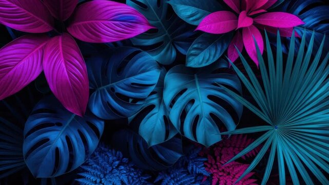A vibrant closeup of lush tropical foliage in shades of neon pink and electric blue, showcasing a variety of exotic leaves like monstera and palm, creating a mesmerizing natural pattern