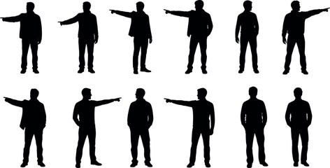 Silhouettes of people pointing in various poses, black figures on white background, gesture concept, direction, teamwork, vector illustration set