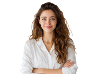 Portrait of 30 years old smiling woman looking at camera with crossed arms. Happy girl standing in creative office. Successful businesswoman standing in white background PNG