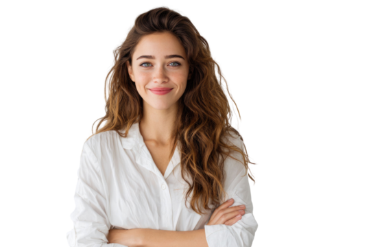 Portrait of 30 years old smiling woman looking at camera with crossed arms. Happy girl standing in creative office. Successful businesswoman standing in white background PNG
