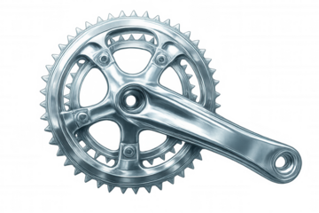 Close-up of a gleaming chrome bicycle crankset, isolated on a transparent background, ready for seamless integration into designs