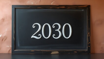 Obraz premium Elegant white numbers showing the year 2030 on a dark, rustic, framed plaque. A conceptual image representing the future, new goals, and long-term strategic planning for the next decade.