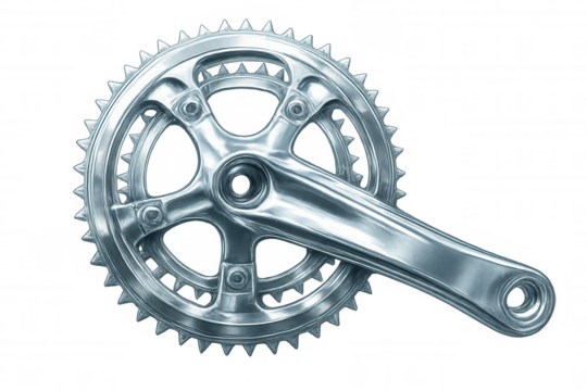 Close-up of a gleaming chrome bicycle crankset, isolated on a transparent background, ready for seamless integration into designs