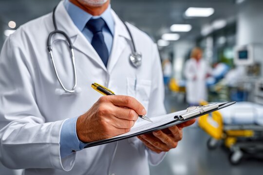 A male doctor in a white coat writing on a clipboard in a hospital hallway. - Powered by Adobe